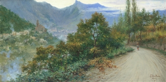 A serene landscape painting of a winding road leading toward a distant village nestled in a mountain valley.