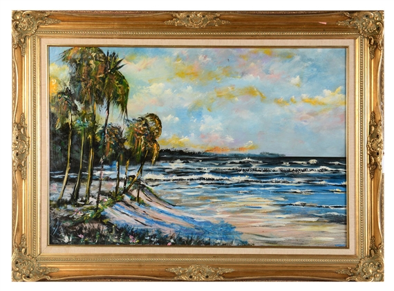 Beach Scene with Palms and Surf by Michael Sears