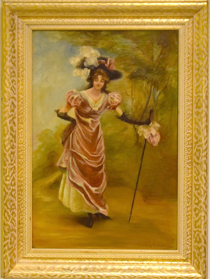 Artwork by Continental School, 19th Century, Young lady in fancy red/pink dress, Made of oil on canvas