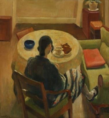 A woman sitting at a table with her teacup by Carl Fischer