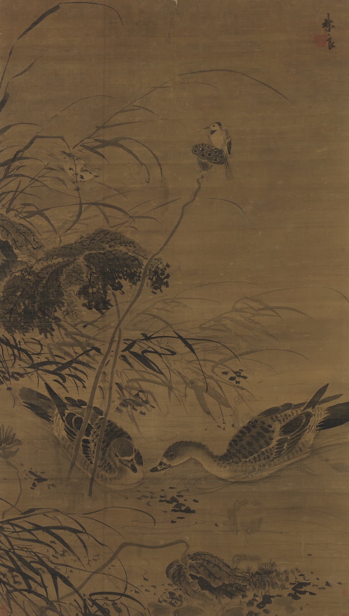 Liang Lin TWO GEESE IN AN AUTUMN LOTUS POND MutualArt