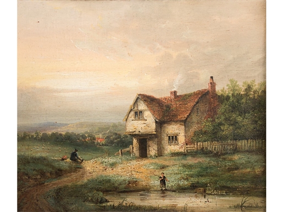 A half timbered cottage with figures and pond at sunset by John Crome