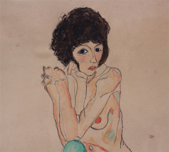 Female nude with green stockings by Egon Schiele