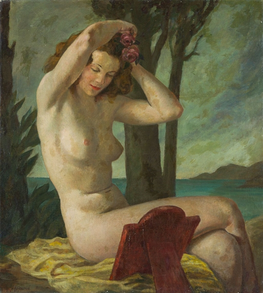 A nude figure sits on a yellow cloth in a coastal landscape, holding pink flowers to her hair.