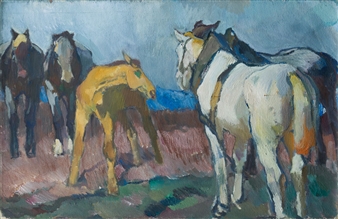 Zwei angeschirrte Ackergäule, Fohlen und Pferde - Emanuel Hegenbarth