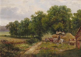Pastoral scene with farm hands unloading hay in a farmyard - Edwin Young