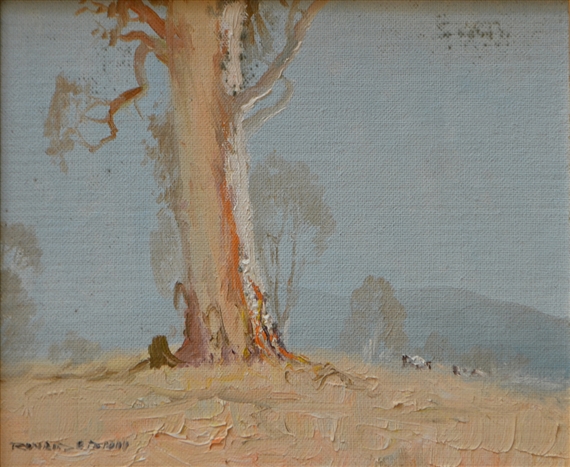 A landscape painting featuring a prominent tree trunk against a hazy sky.