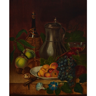 Still Life With Fruit, Morning Glories, Walnuts ANd Wine With A Fly On A Ledge - Jan Van Snep