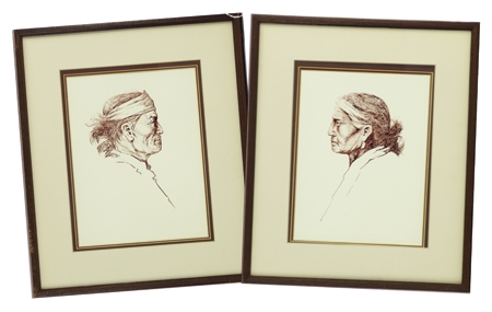 2 Works: depicting a Navajo man and woman by Tony Begay, Circa 1960s