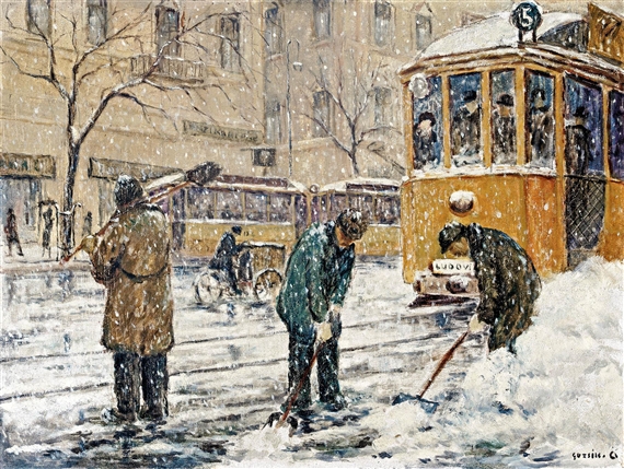 At the snowy street of Pest by Ödön Guzsik