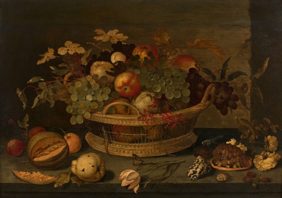 Panier de fruits, melon, coing, fleurs et coquillages disposés sur une table by Balthasar van der Ast, 1600s