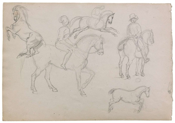 Feuille d'études recto-verso : cavaliers et chevaux, figures d'après des monnaies antiques et portrait d'homme de profil by Eugène Delacroix