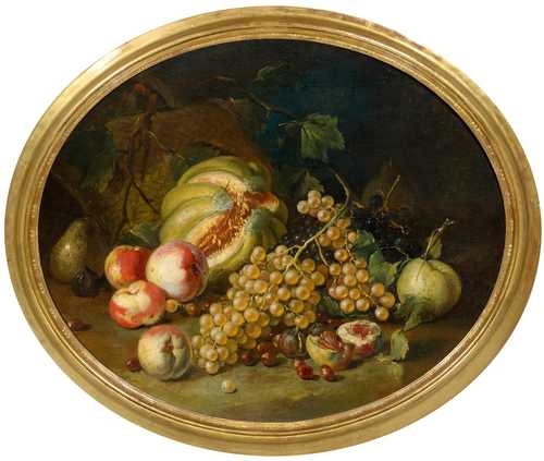 Still life of fruits with grapes, peaches, figs, pears and melon by Francesco Malagoli