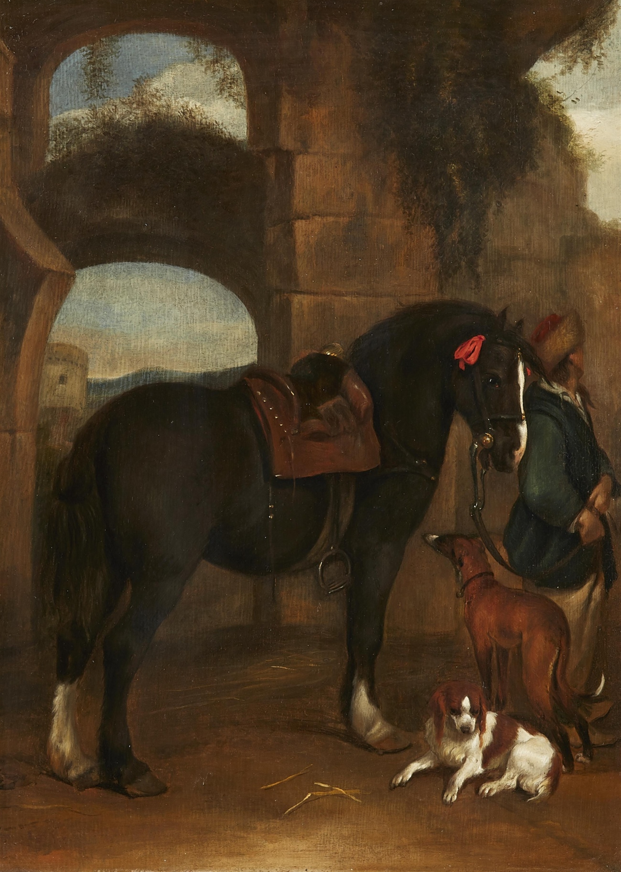 Artwork by Hendrick Verschuring, A Traveller standing with his Horse and Dogs among Classical Ruins, Made of Oil on panel