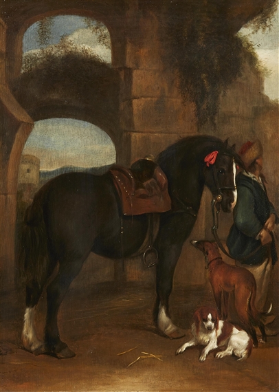 A Traveller standing with his Horse and Dogs among Classical Ruins by Hendrick Verschuring