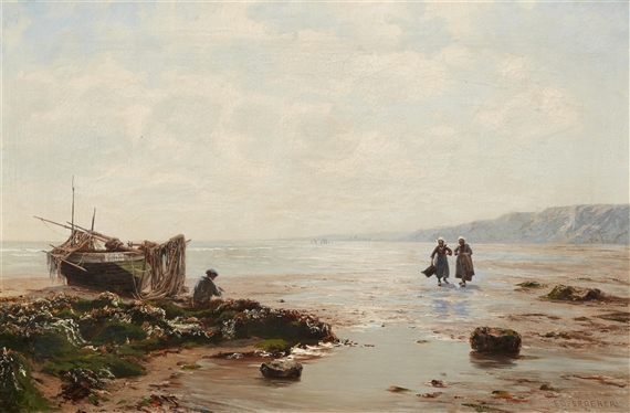 Breton Coastal Scene with a Fisher and Mussel Gatherers by Eduard Spoerer, 1896