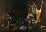 A hunting still life with a dog watching the kill by Pieter Boel