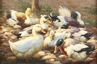 Sieben Enten am Ufer - Gustav Mesmer