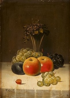 Zwei Früchtestillleben mit Äpfeln, kleinem Bouquet (1), Orangen - H. Koch