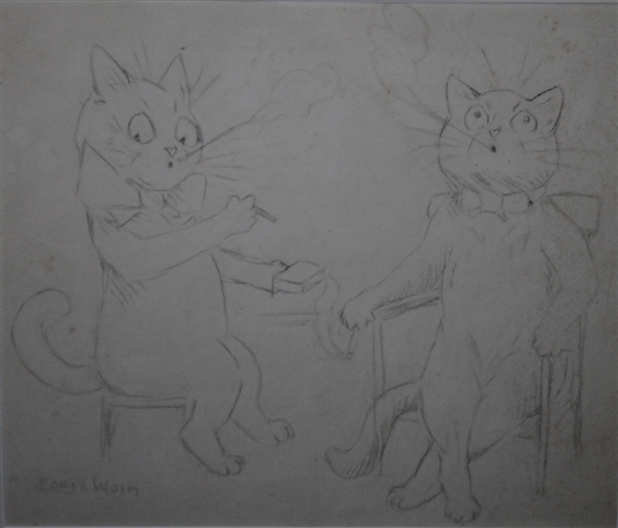 Two seated cats smoking by Louis Wain