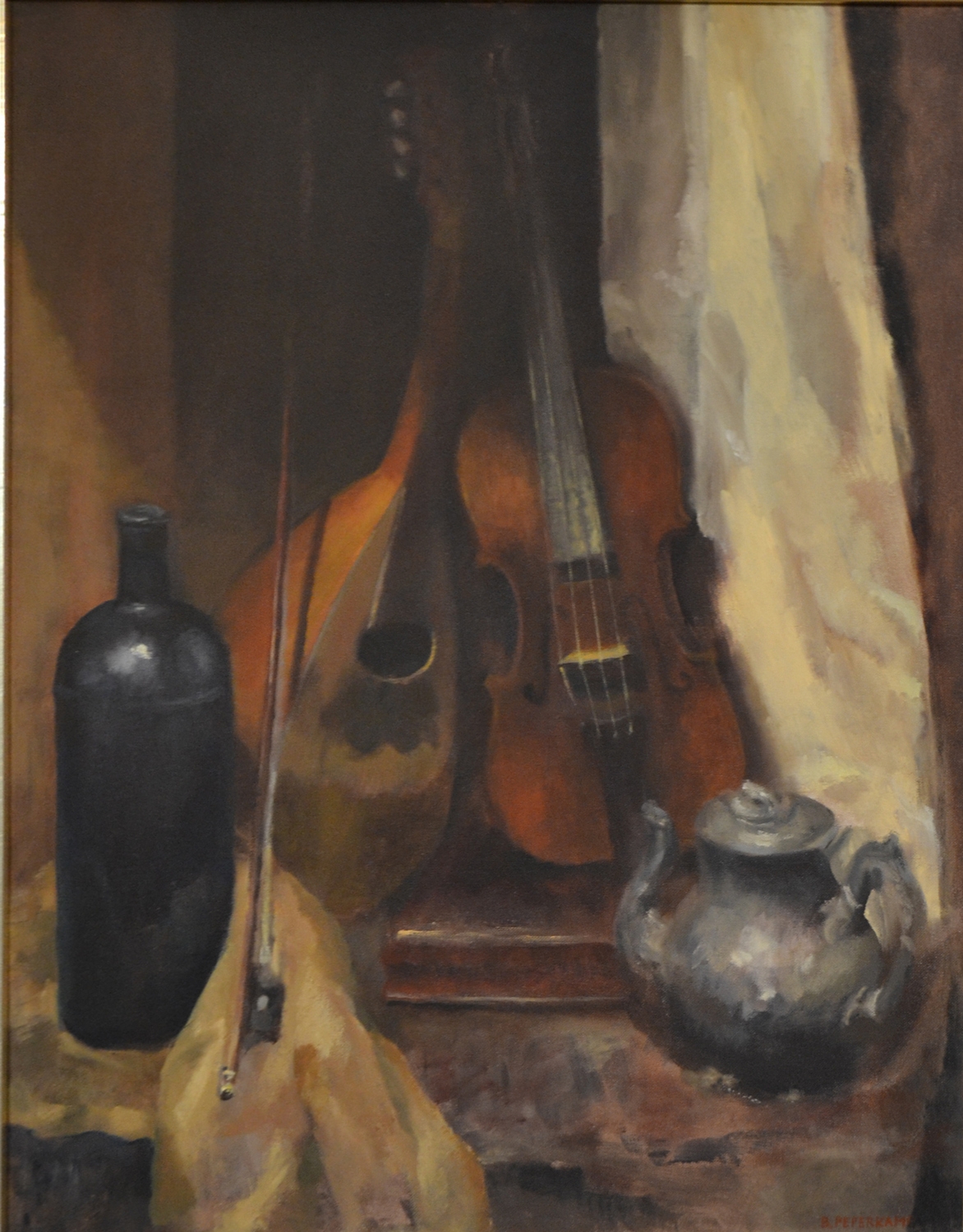Artwork by B. Pepper Kamp, STILL LIFE VIOLINS, Made of oil on canvasboard