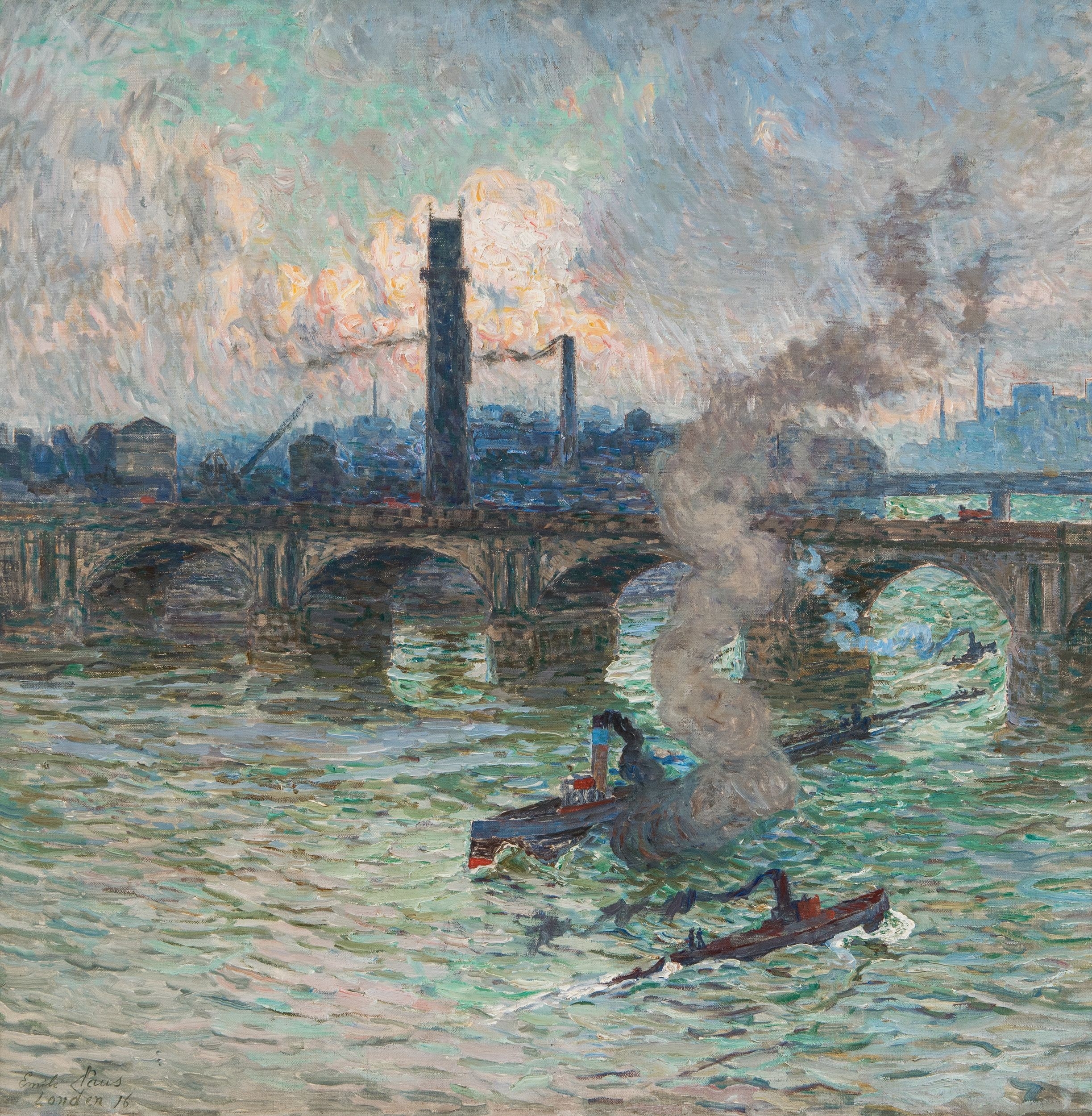 Artwork by Emile Claus, Bourasque sur la Tamise - Squall on the river Thames, Made of Oil on canvas