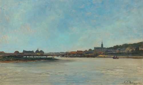 View of a small town on a river with bridge by Karl Pierre Daubigny, 1884