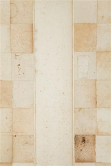 A minimalist composition of a central vertical panel flanked by textured square tiles in warm neutral tones.