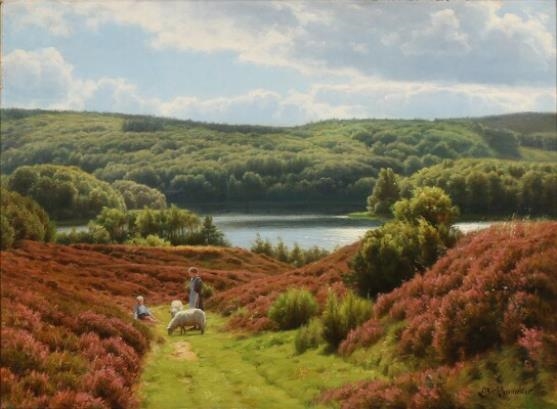 Children tending sheep in a moor landscape by Axel Birkhammer