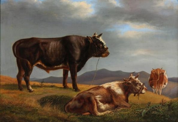 Cattle in a field with mountains in the distance by Swedish School, 19th Century