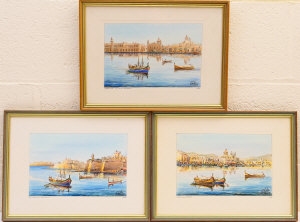 3 works, views of The Grand Harbour, Valetta - Edward Galea