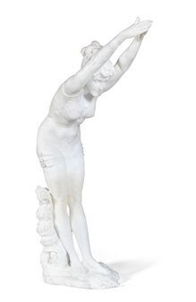A white marble sculpture of a female figure in a dynamic, athletic pose.