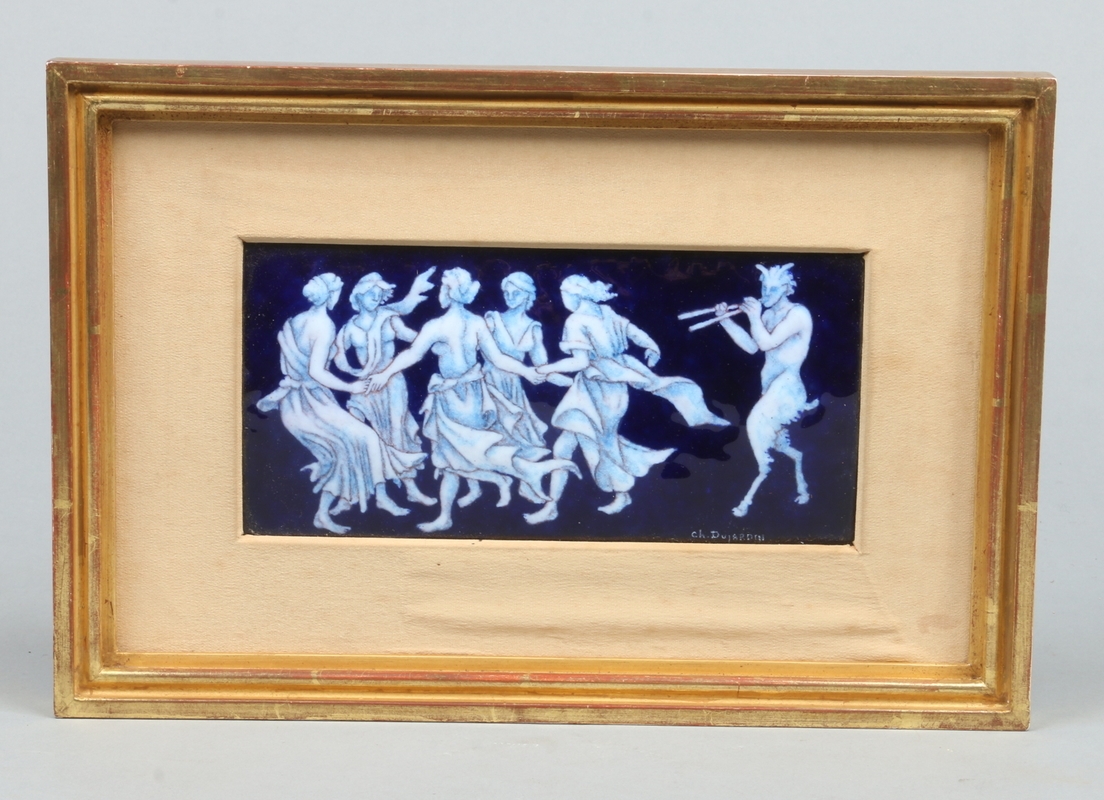 Artwork by Christiane Dujardin, Depicting Pan and the Nymphes, Made of limoges enamel plaque
