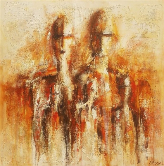 A textured abstract painting featuring two indistinct figures in warm earth tones.