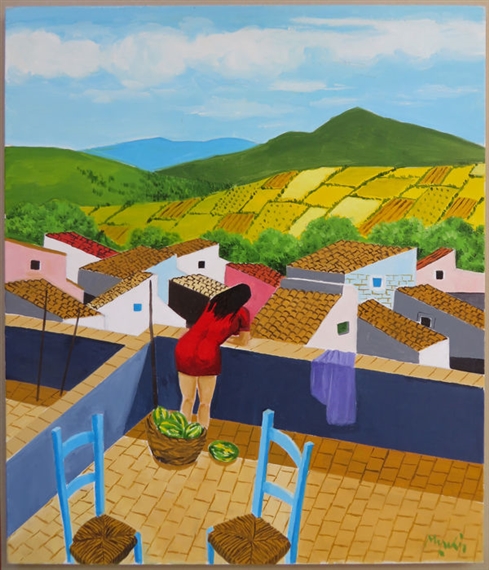 Paesaggio con case e donna di spalle by Renzo Meschis, 2016