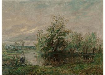 A River Landscape with a Pair of Herons in theForeground - Paul Auguste Leon Méry