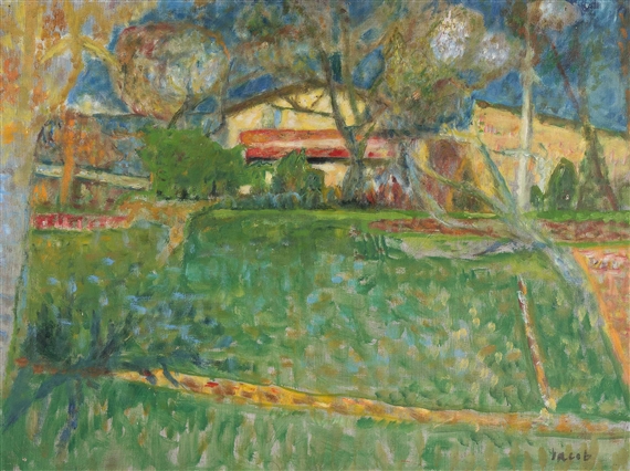 Gehöft hinter Bäumen und Sträuchern by Emanuel Jacob, 1947