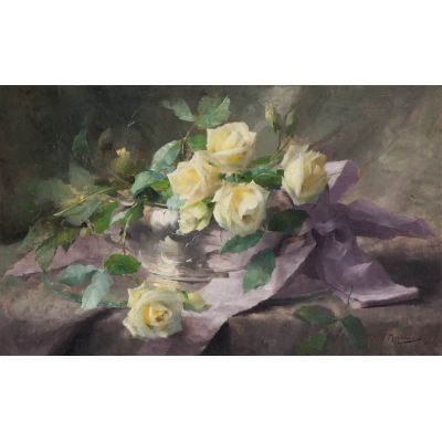 Frans Mortelmans | Still life with yellow roses in silver bowl with ...