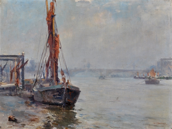 A barge and other shipping on the Thames by Bernard Finegan Gribble