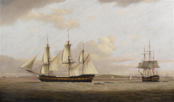 A coastal view with frigates offshore by Francis Holman