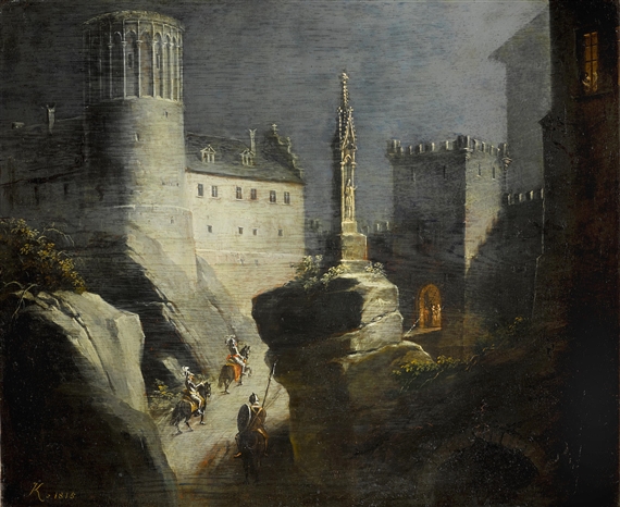 Armored horsemen approaching a gate in a fortified wall by Ludwig Kohl, 1815