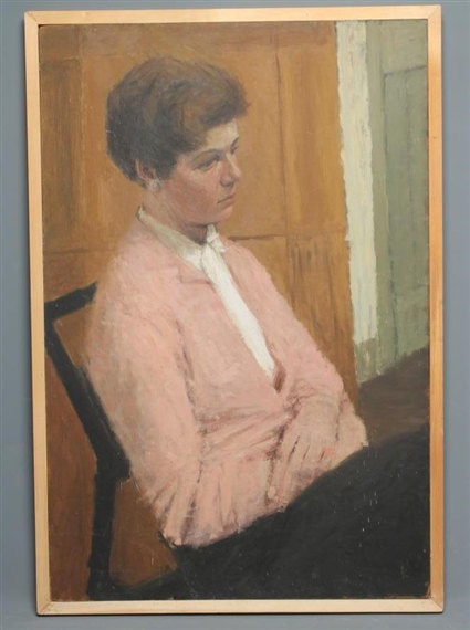 Portrait of a Seated Woman Seated Wearing a Pink Cardigan