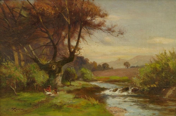 Highland landscape with two figures seated under a tree by James Scott Kinnear