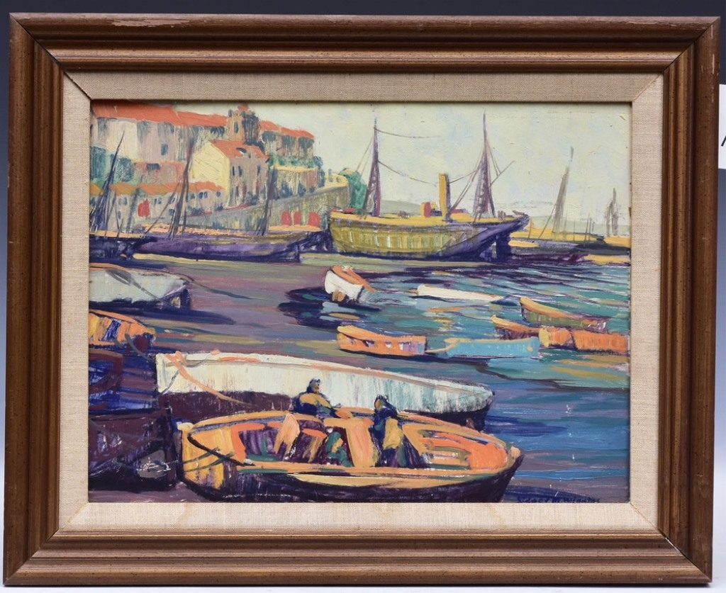 Artwork by Sidney Miller Wiggins, Harbor Scene, Made of oil on panel