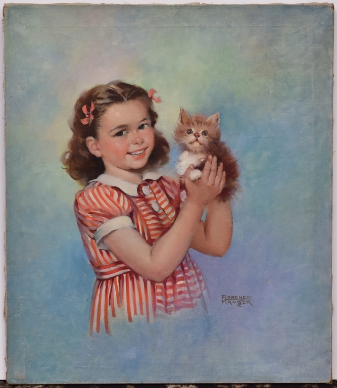 Artwork by Florence A. Kroger, Illustration Of Girl With Kitten, Made of oil on canvas