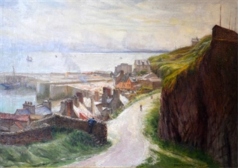 BEAU DESSIN AQUARELLE 1930 Papier Fort Scène De Rue Église Clocher Art