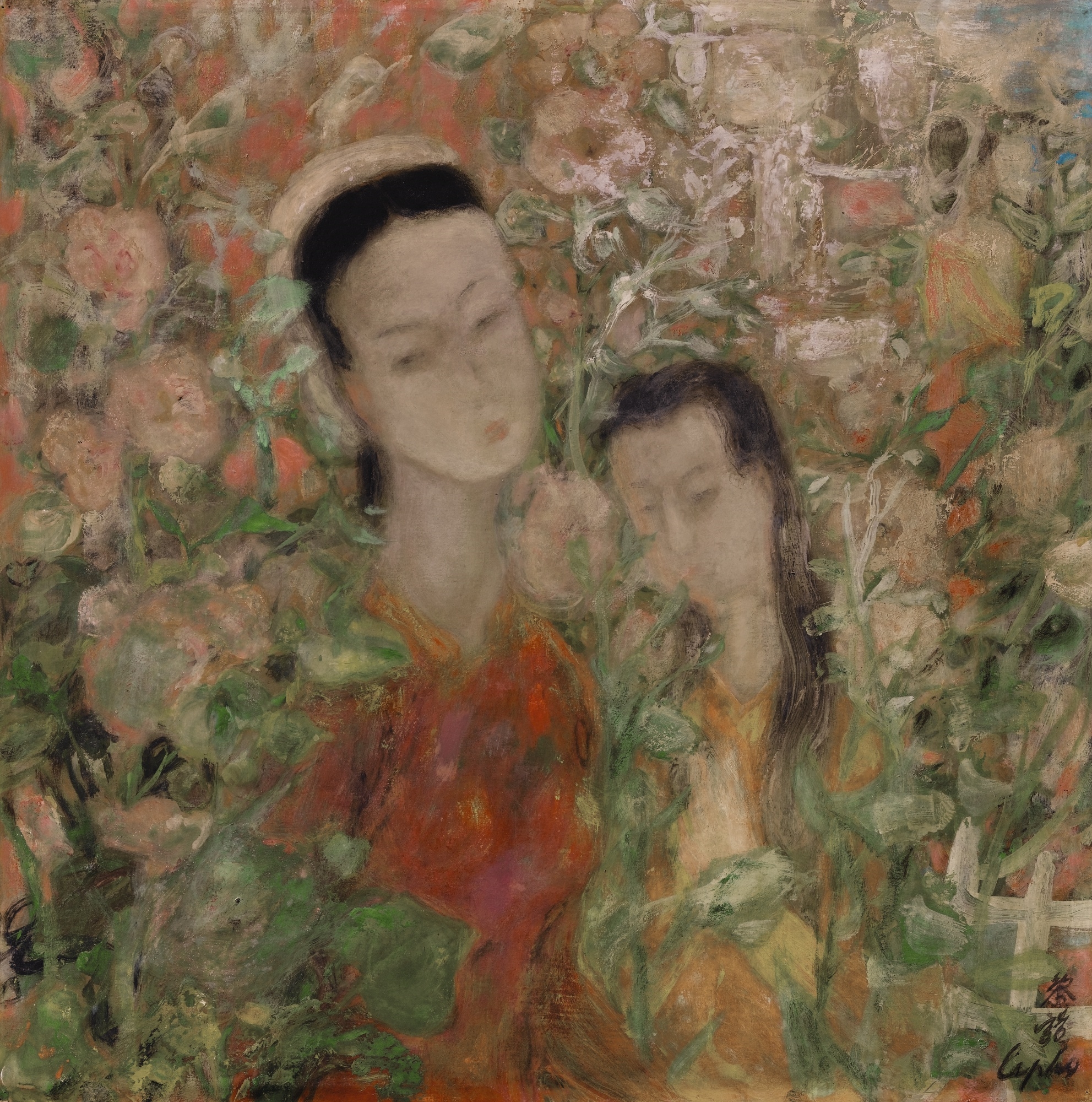 Artwork by Lê Phổ, LA MERE ET LA FILLE (MOTHER AND DAUGHTER), Made of Oil and gouache on silk mounted on panel