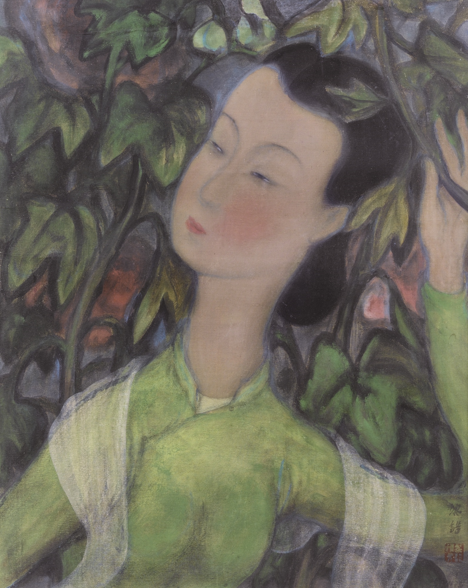 Artwork by Lê Ph?, FEMME À LA ROBE VERTE (LADY IN A GREEN ROBE), Made of Ink and gouache on silk mounted on paper