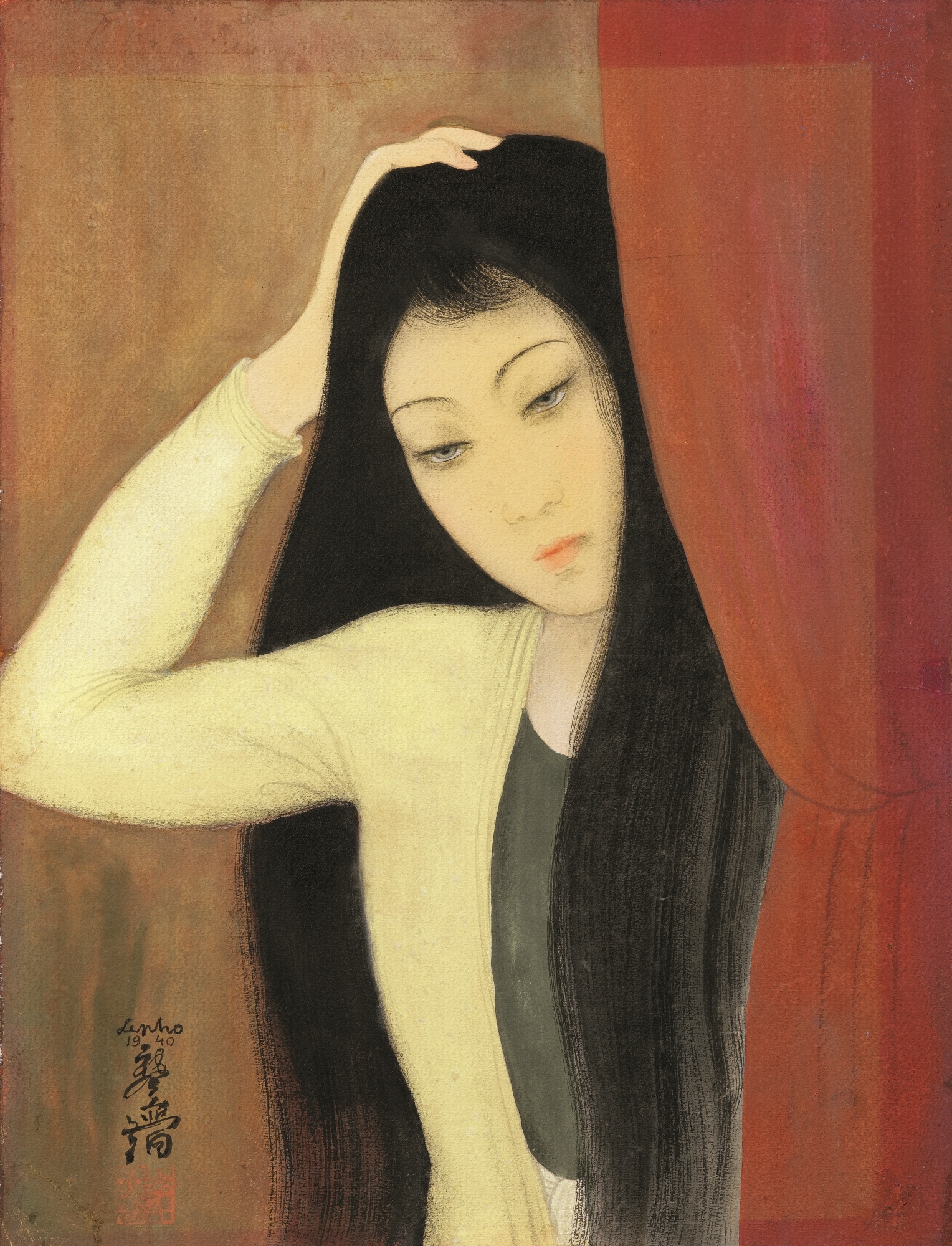 Artwork by Lê Phổ, FEMME AU RIDEAUX (WOMAN WITH CURTAINS), Made of Watercolor and gouache on paper