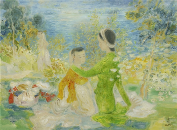 MOTHER AND CHILD IN A GARDEN